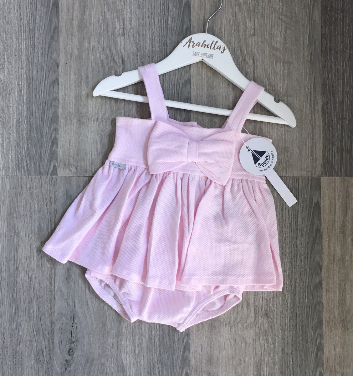 Babidu Pink Cotton Bow 2 Piece Outfit at Arabella's Baby Boutique