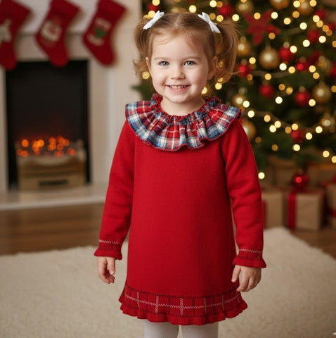 Granlei Red Knitted Dress with Tartan Collar