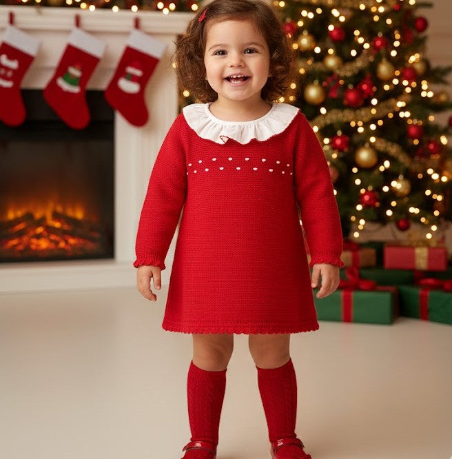Granlei Red Knit Dress With Frilly Collar, Spanish Baby Knitted Dresses – Arabella's Baby Boutique
