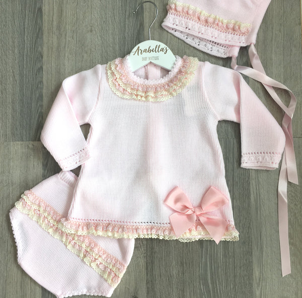 CHA-O BABY - baby pink knitted outfit with sequin collar - Arabella's Baby Boutique