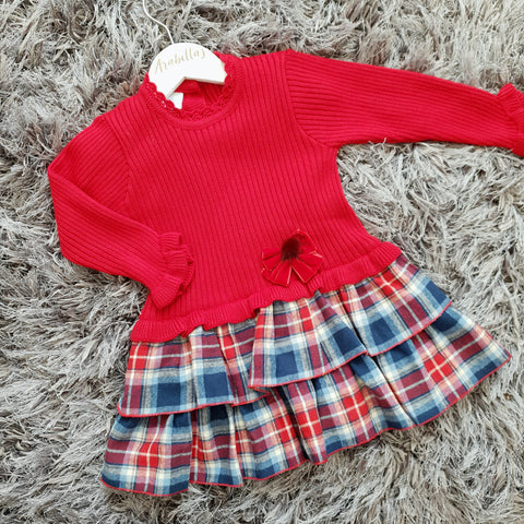 Granlei Red Knitted Dress with Tartan Ruffles - Arabella's Baby Boutique