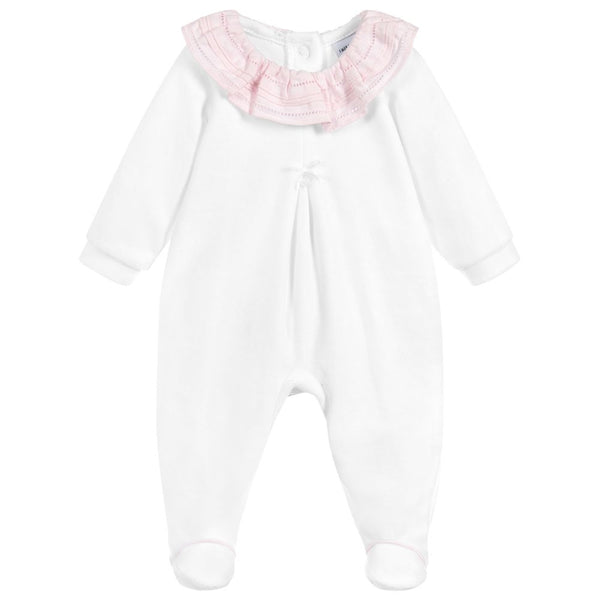 Babidu White & Pink Velour Babygrow Frill Neck - Arabella's Baby Boutique